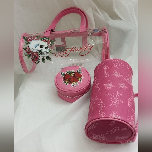 Ed Hardy Skull, Roses & Butterfly Pink See-Thru Barrel Bag w/ 2 Complimentary - Picture 10 of 16